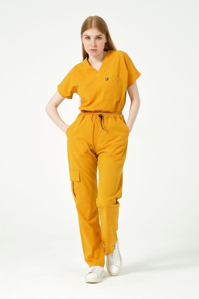 Hardal Likralı Kargo Cep Doktor Hemşire Forması Tek Alt Unisex