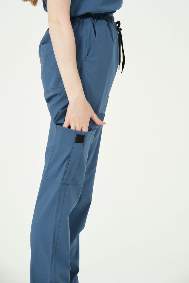 İndigo Likralı Kargo Cep Doktor Hemşire Forması Tek Alt Unisex