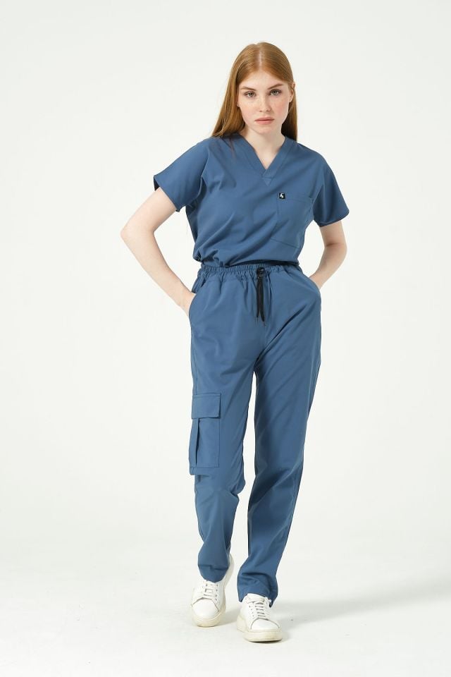 İndigo Likralı Kargo Cep Doktor Hemşire Forması Tek Alt Unisex