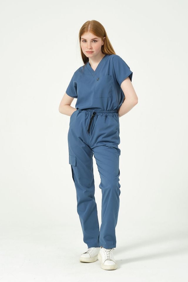 İndigo Likralı Kargo Cep Doktor Hemşire Forması Tek Alt Unisex