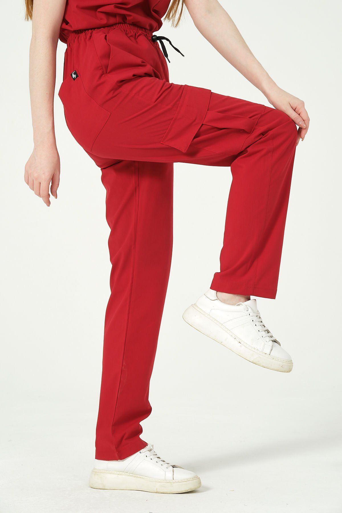 Kırmızı Likralı Kargo Cep Doktor Hemşire Forması Tek Alt Unisex