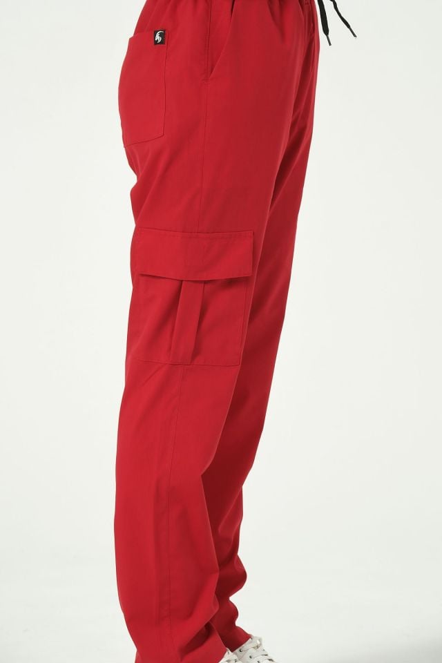 Kırmızı Likralı Kargo Cep Doktor Hemşire Forması Tek Alt Unisex