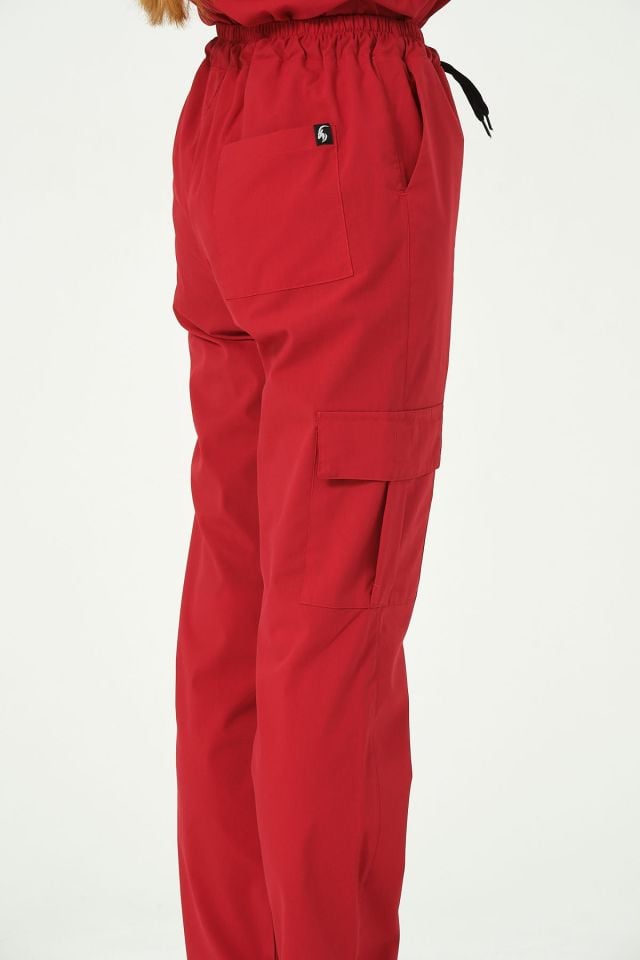 Kırmızı Likralı Kargo Cep Doktor Hemşire Forması Tek Alt Unisex