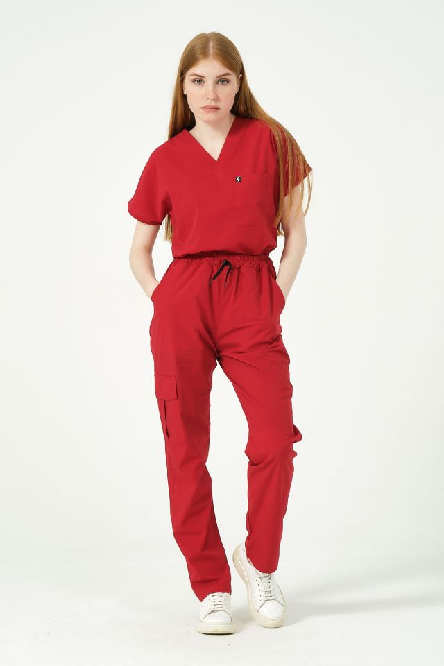 Kırmızı Likralı Kargo Cep Doktor Hemşire Forması Tek Alt Unisex