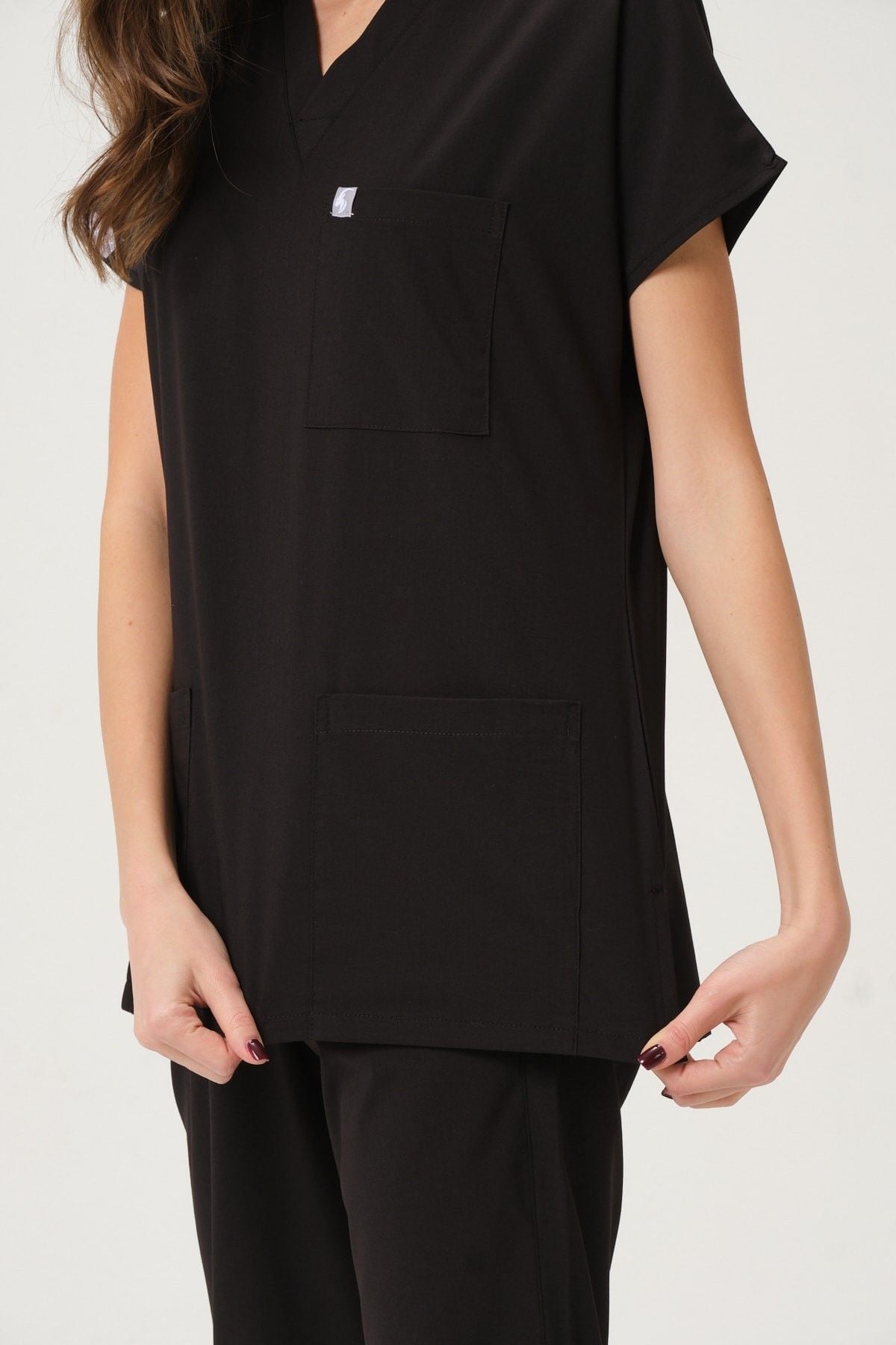 Siyah Likralı Scrubs Doktor Hemşire Forması Yarasa Kol Takım Unisex XL