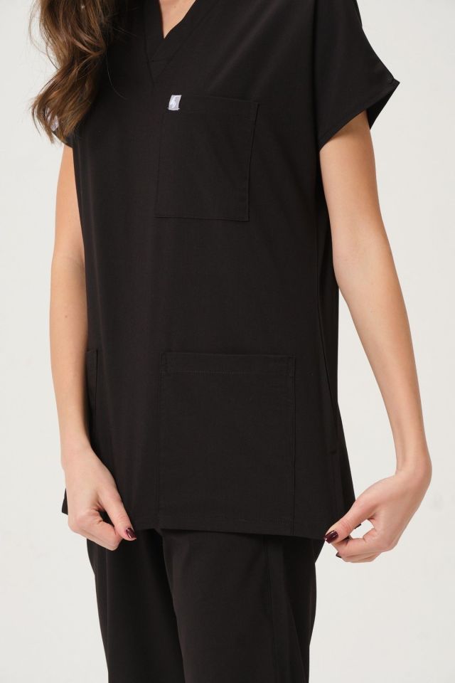 Siyah Likralı Scrubs Doktor Hemşire Forması Yarasa Kol Takım Unisex XL