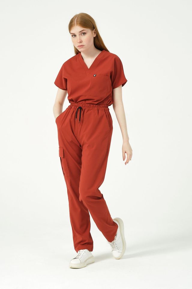 Kiremit Likralı Kargo Cep Doktor Hemşire Forması Tek Alt Unisex