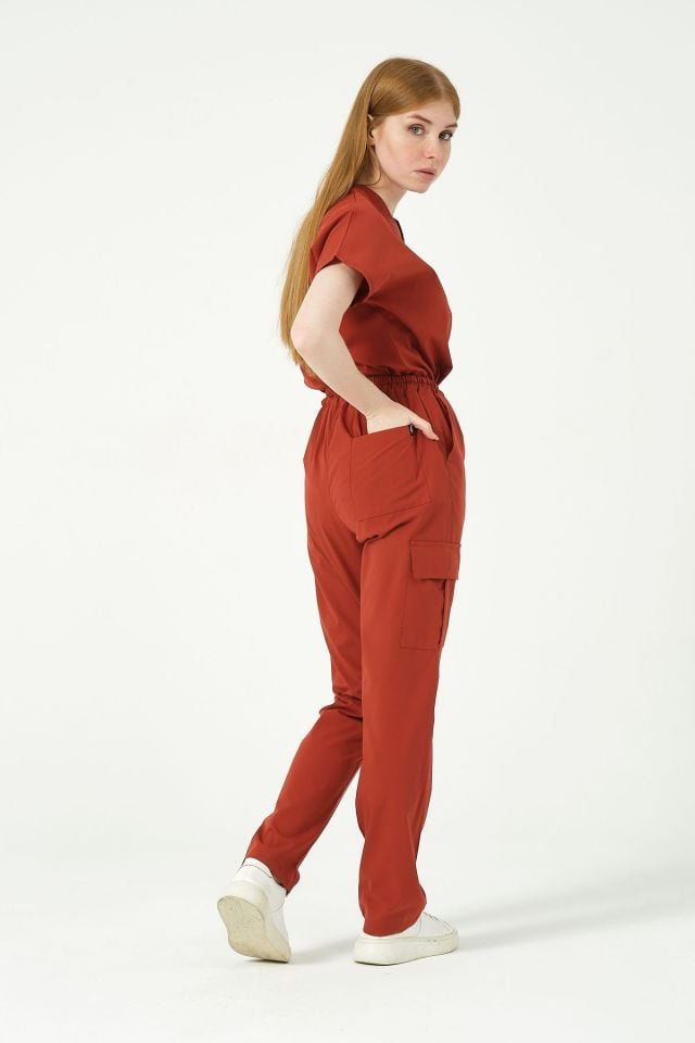 Kiremit Likralı Kargo Cep Doktor Hemşire Forması Tek Alt Unisex