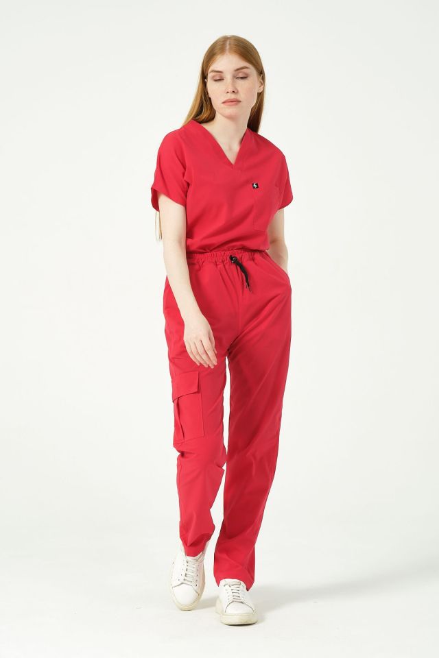 Nar Çiçeği Likralı Kargo Cep Doktor Hemşire Forması Tek Alt Unisex