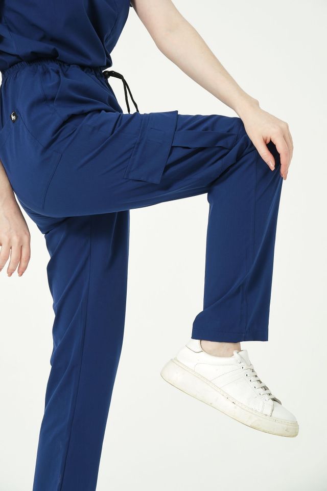 Saks Mavi Likralı Kargo Cep Doktor Hemşire Forması Tek Alt Unisex 2XL