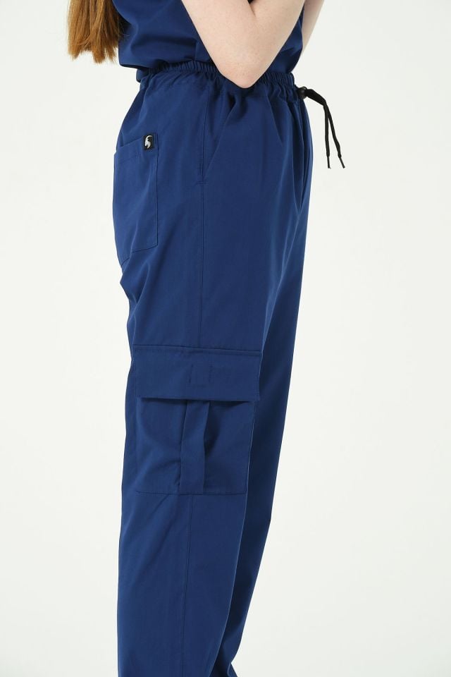 Saks Mavi Likralı Kargo Cep Doktor Hemşire Forması Tek Alt Unisex 2XL