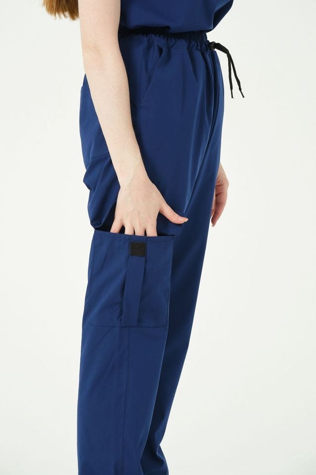 Saks Mavi Likralı Kargo Cep Doktor Hemşire Forması Tek Alt Unisex 2XL