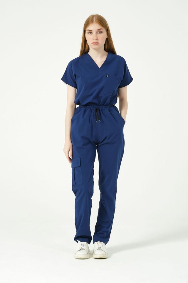Saks Mavi Likralı Kargo Cep Doktor Hemşire Forması Tek Alt Unisex 2XL