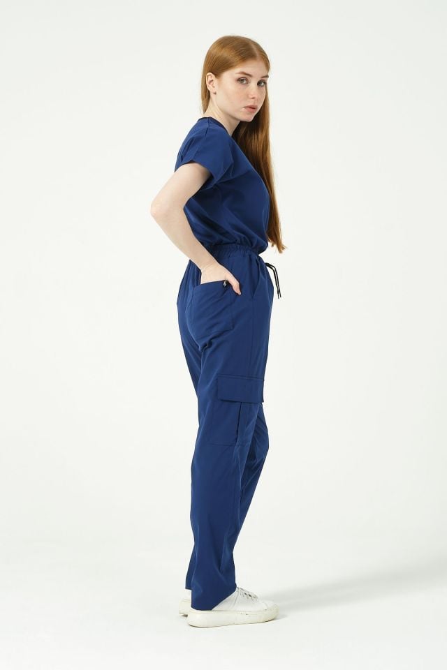 Saks Mavi Likralı Kargo Cep Doktor Hemşire Forması Tek Alt Unisex 2XL