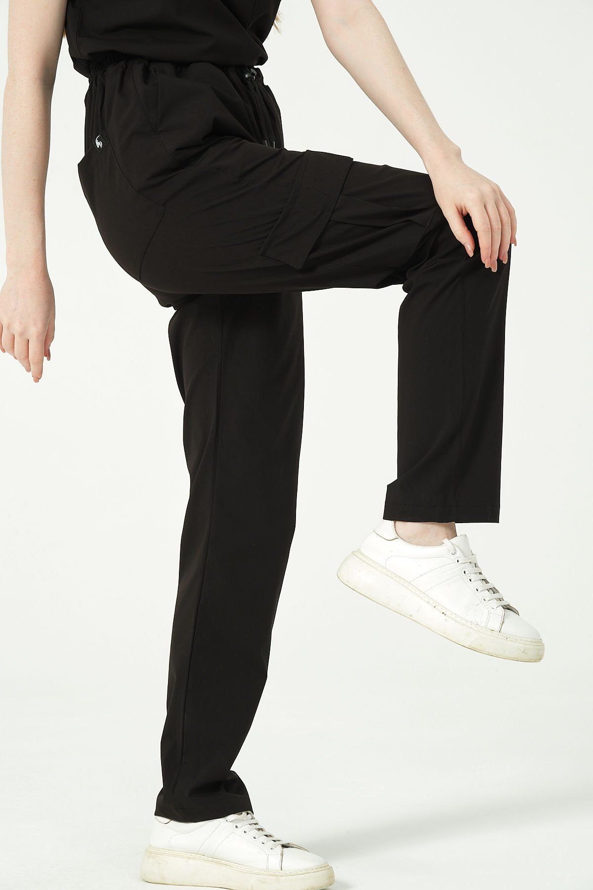 Siyah Likralı Kargo Cep Doktor Hemşire Forması Tek Alt Unisex