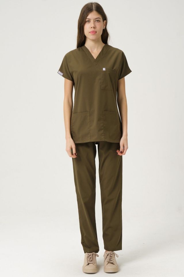 Haki Likralı Scrubs Doktor Hemşire Forması Yarasa Kol Takım Unisex XL