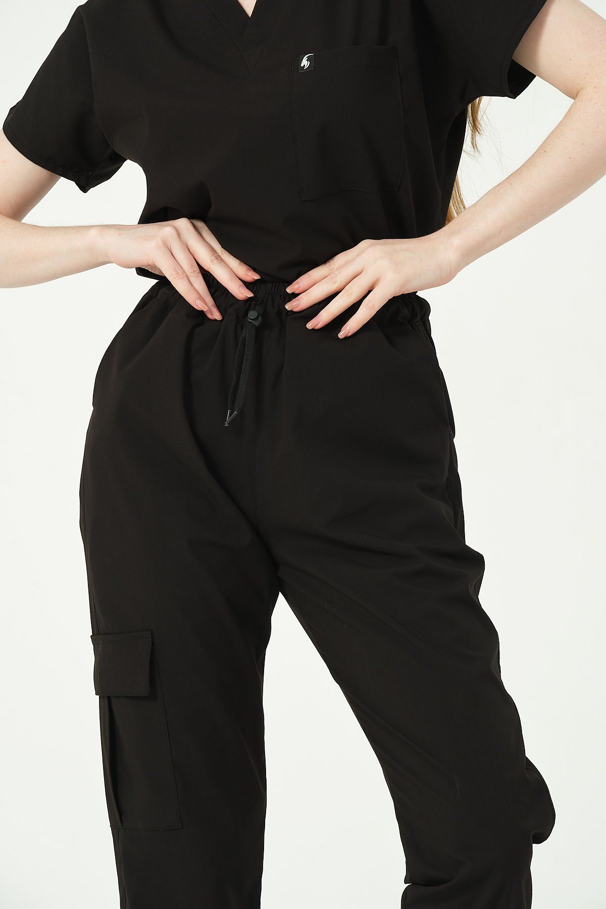 Siyah Likralı Kargo Cep Doktor Hemşire Forması Tek Alt Unisex