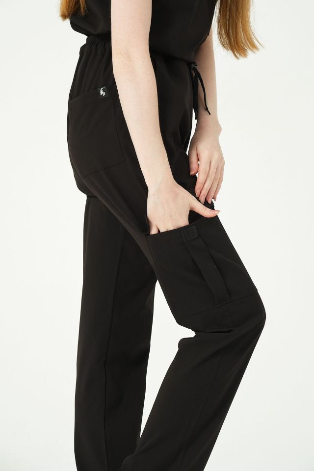 Siyah Likralı Kargo Cep Doktor Hemşire Forması Tek Alt Unisex