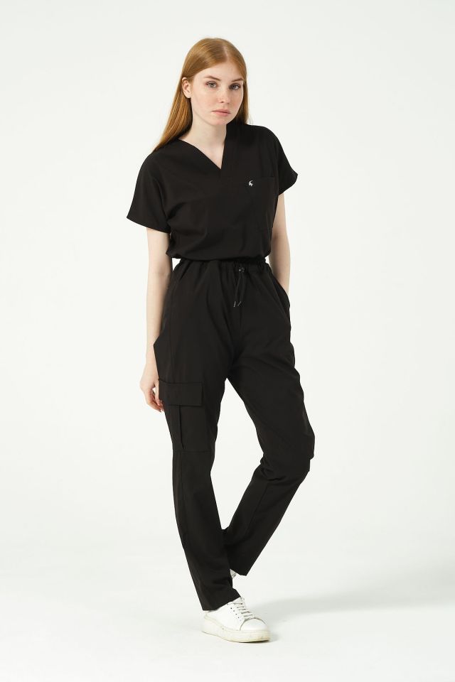 Siyah Likralı Kargo Cep Doktor Hemşire Forması Tek Alt Unisex