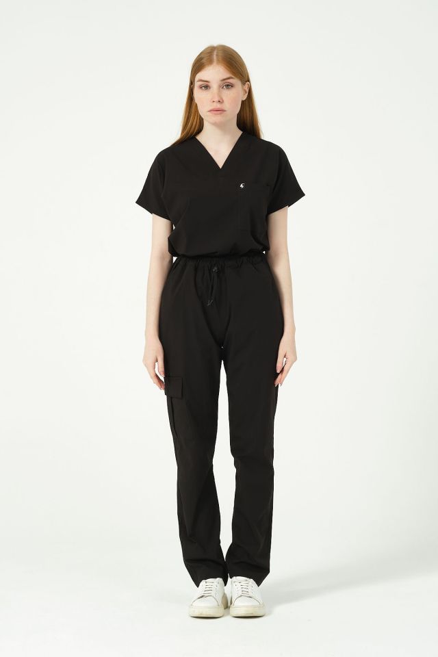 Siyah Likralı Kargo Cep Doktor Hemşire Forması Tek Alt Unisex