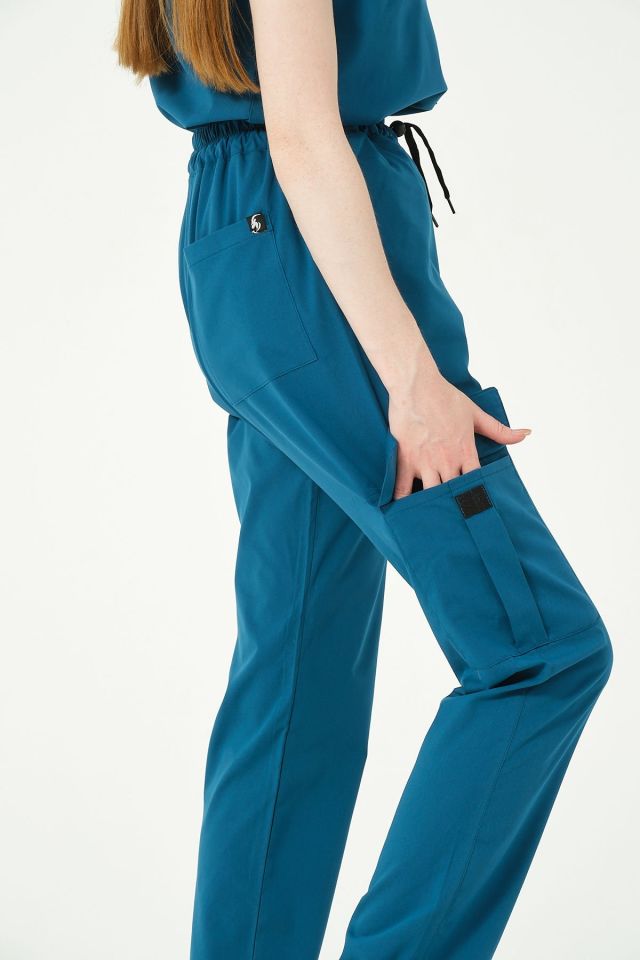 Turkuaz Likralı Kargo Cep Doktor Hemşire Forması Tek Alt Unisex