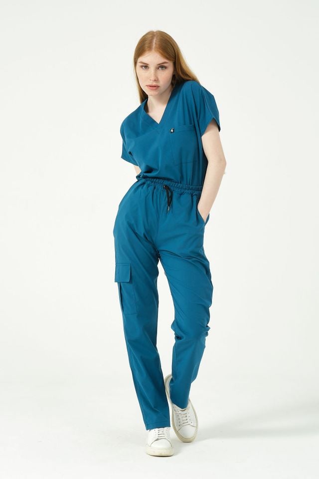 Turkuaz Likralı Kargo Cep Doktor Hemşire Forması Tek Alt Unisex