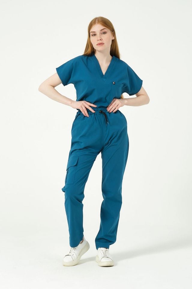 Turkuaz Likralı Kargo Cep Doktor Hemşire Forması Tek Alt Unisex
