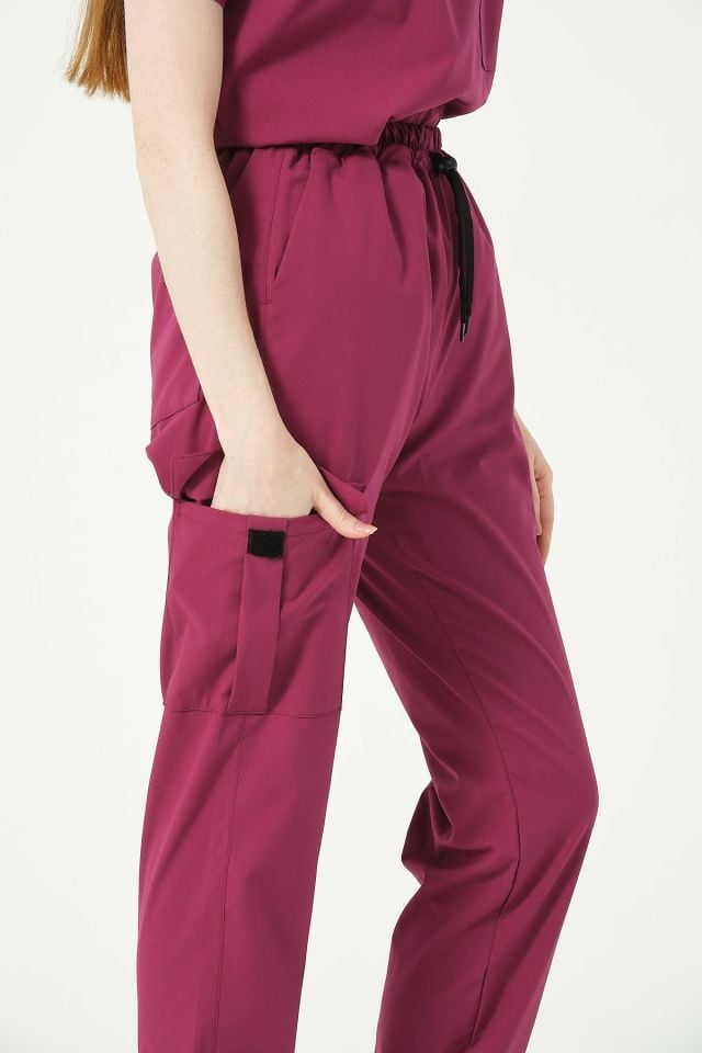 Vişne Likralı Kargo Cep Doktor Hemşire Forması Tek Alt Unisex