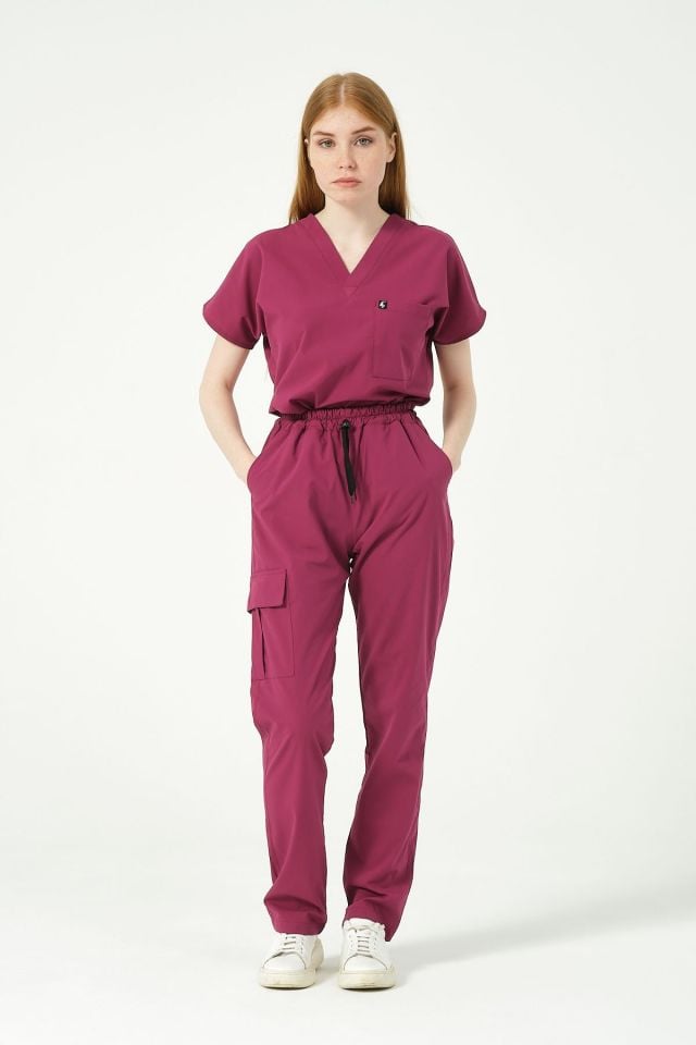 Vişne Likralı Kargo Cep Doktor Hemşire Forması Tek Alt Unisex