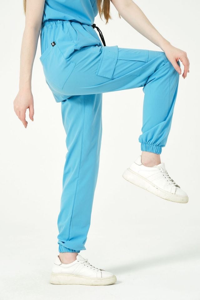 Bebe Mavi Likralı Kargo Cep Jogger Paça Doktor Hemşire Forması Tek Alt Unisex