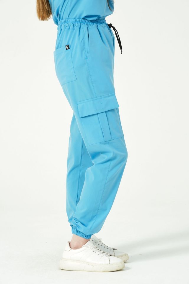 Bebe Mavi Likralı Kargo Cep Jogger Paça Doktor Hemşire Forması Tek Alt Unisex