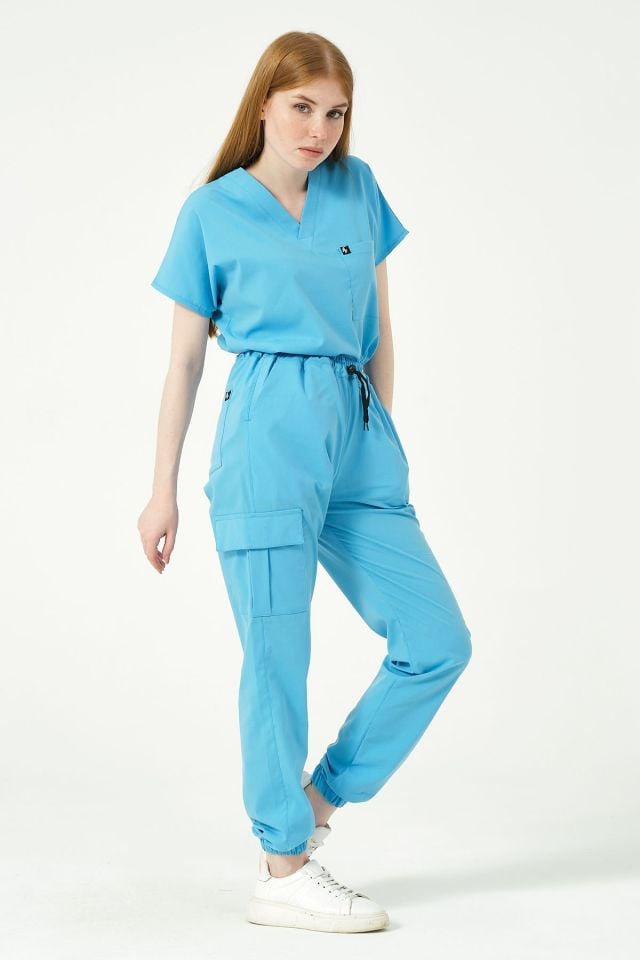 Bebe Mavi Likralı Kargo Cep Jogger Paça Doktor Hemşire Forması Tek Alt Unisex