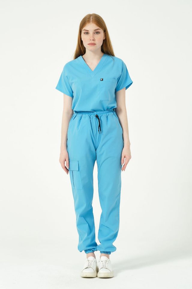 Bebe Mavi Likralı Kargo Cep Jogger Paça Doktor Hemşire Forması Tek Alt Unisex