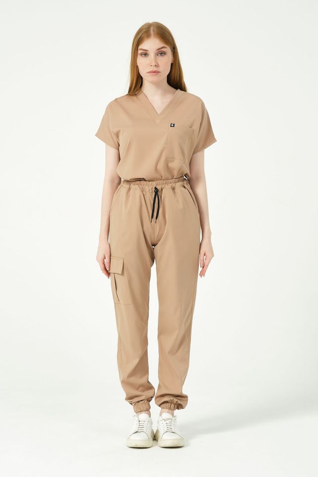 Bej Likralı Kargo Cep Jogger Paça Doktor Hemşire Forması Tek Alt Unisex