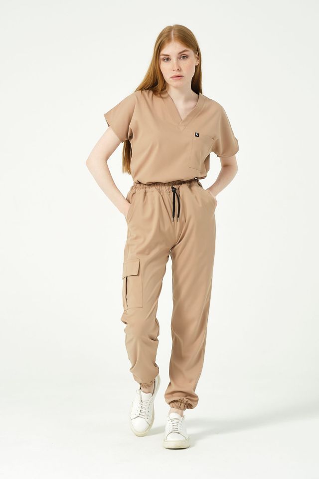 Bej Likralı Kargo Cep Jogger Paça Doktor Hemşire Forması Tek Alt Unisex