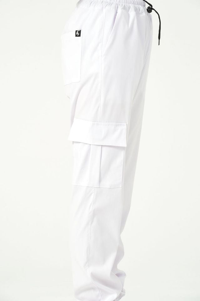 Beyaz Likralı Kargo Cep Jogger Paça Doktor Hemşire Forması Tek Alt Unisex