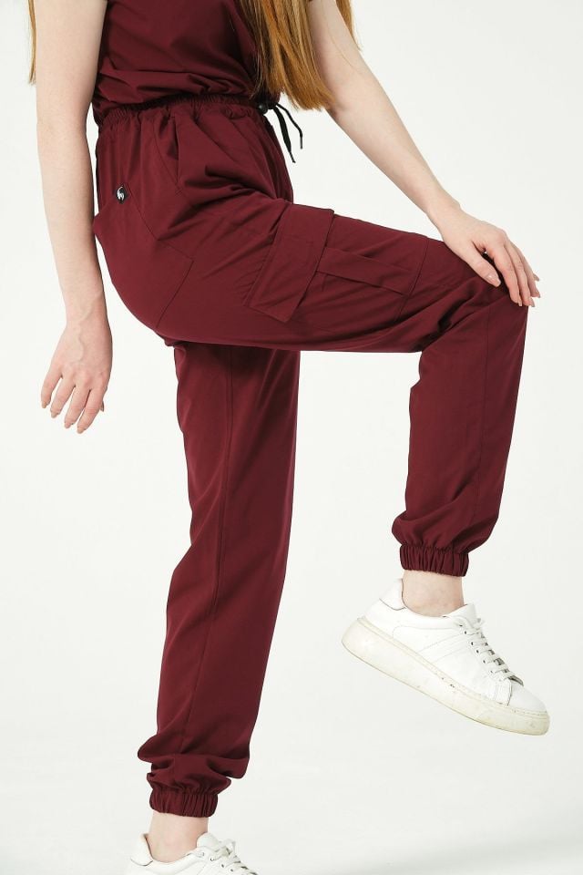 Bordo Likralı Kargo Cep Jogger Paça Doktor Hemşire Forması Tek Alt Unisex