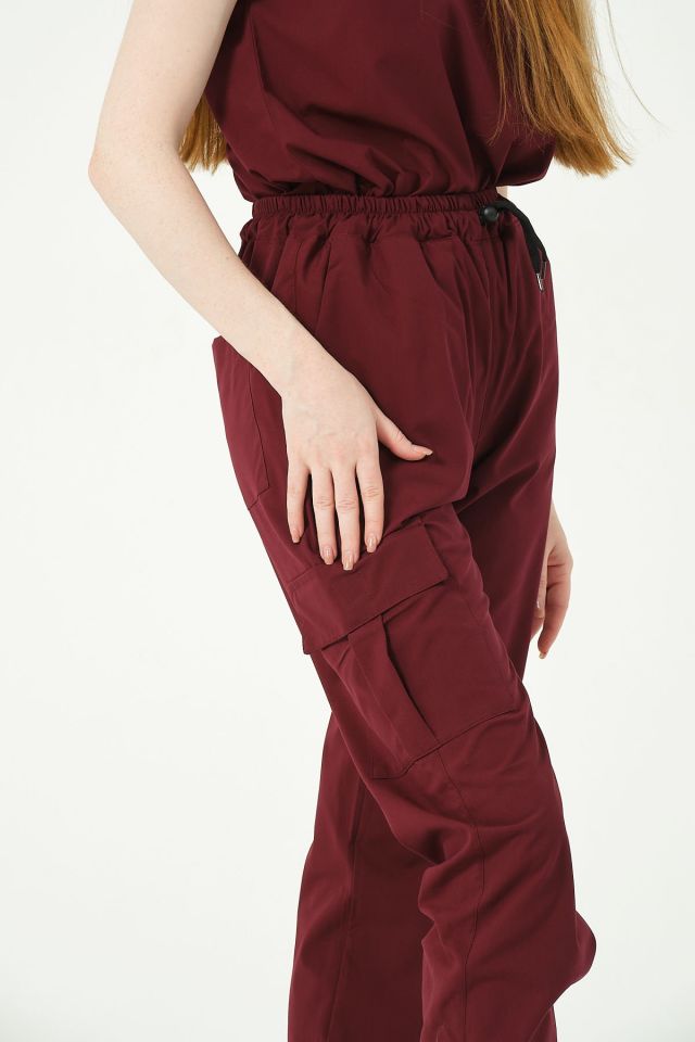 Bordo Likralı Kargo Cep Jogger Paça Doktor Hemşire Forması Tek Alt Unisex