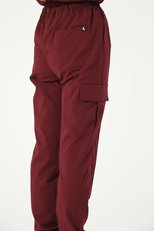 Bordo Likralı Kargo Cep Jogger Paça Doktor Hemşire Forması Tek Alt Unisex