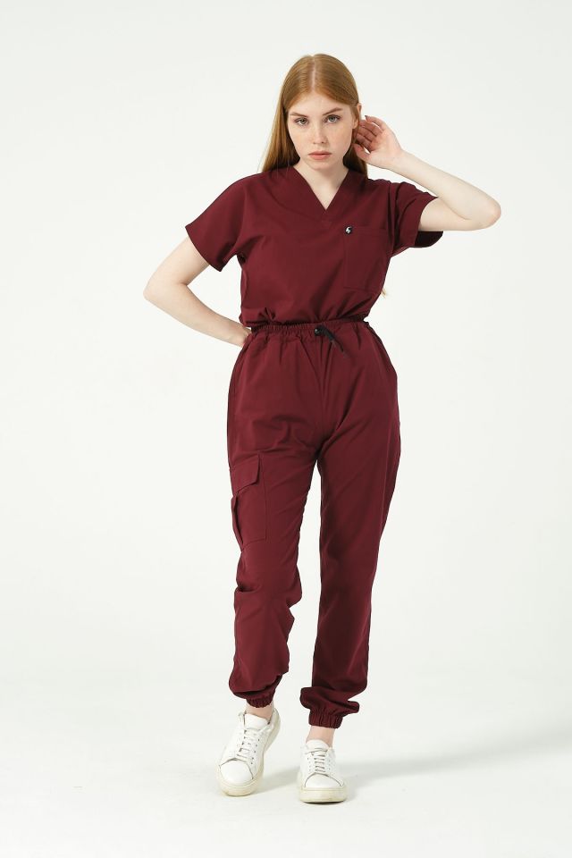 Bordo Likralı Kargo Cep Jogger Paça Doktor Hemşire Forması Tek Alt Unisex