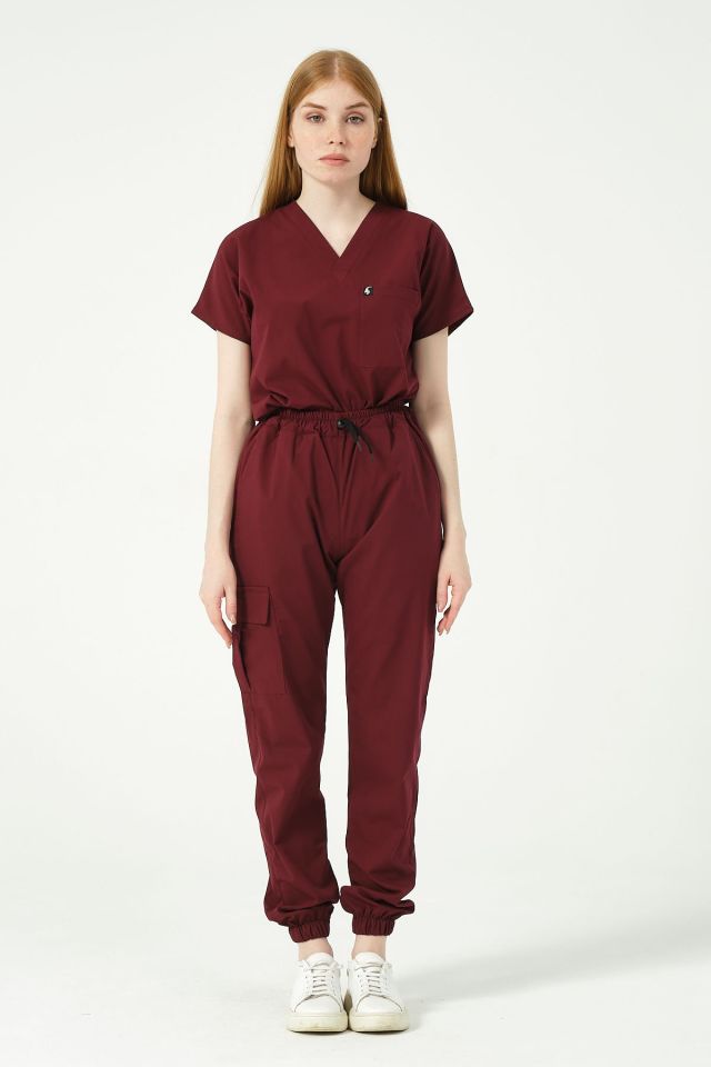 Bordo Likralı Kargo Cep Jogger Paça Doktor Hemşire Forması Tek Alt Unisex
