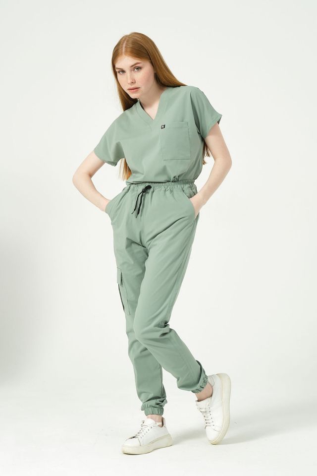 Çağla Yeşili Likralı Kargo Cep Jogger Paça Doktor Hemşire Forması Tek Alt Unisex