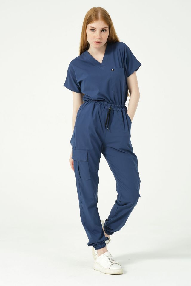 Fırtına Mavi Likralı Kargo Cep Jogger Paça Doktor Hemşire Forması Tek Alt Unisex