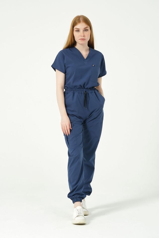 Fırtına Mavi Likralı Kargo Cep Jogger Paça Doktor Hemşire Forması Tek Alt Unisex
