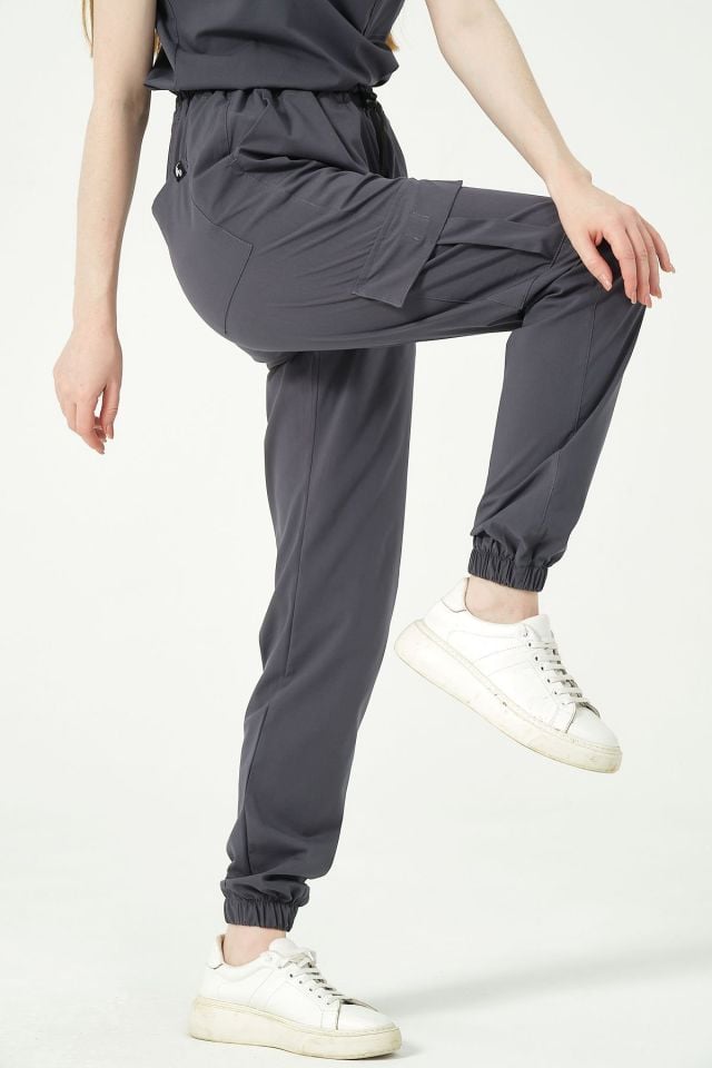 Füme Likralı Kargo Cep Jogger Paça Doktor Hemşire Forması Tek Alt Unisex