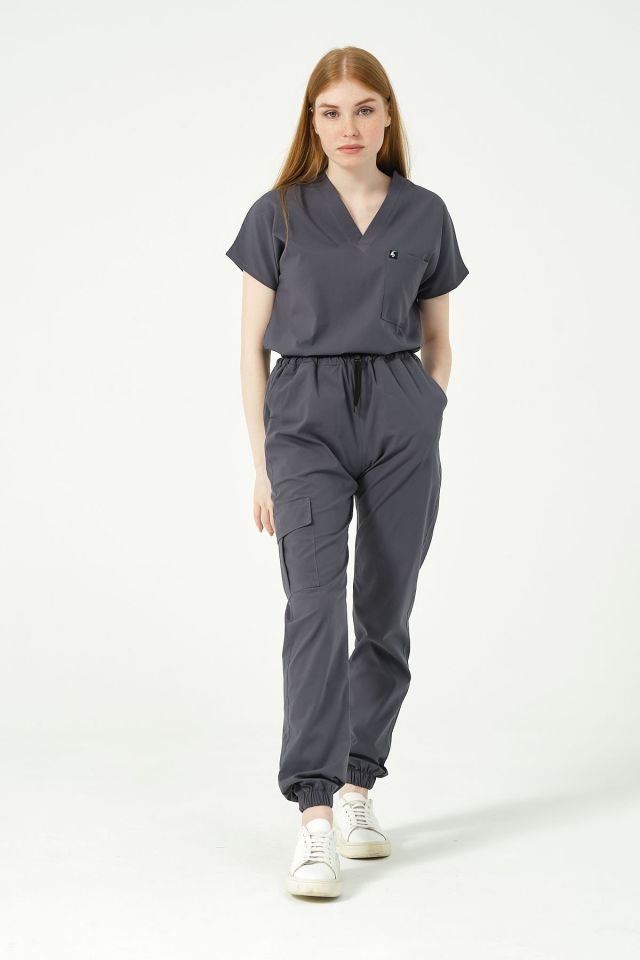 Füme Likralı Kargo Cep Jogger Paça Doktor Hemşire Forması Tek Alt Unisex