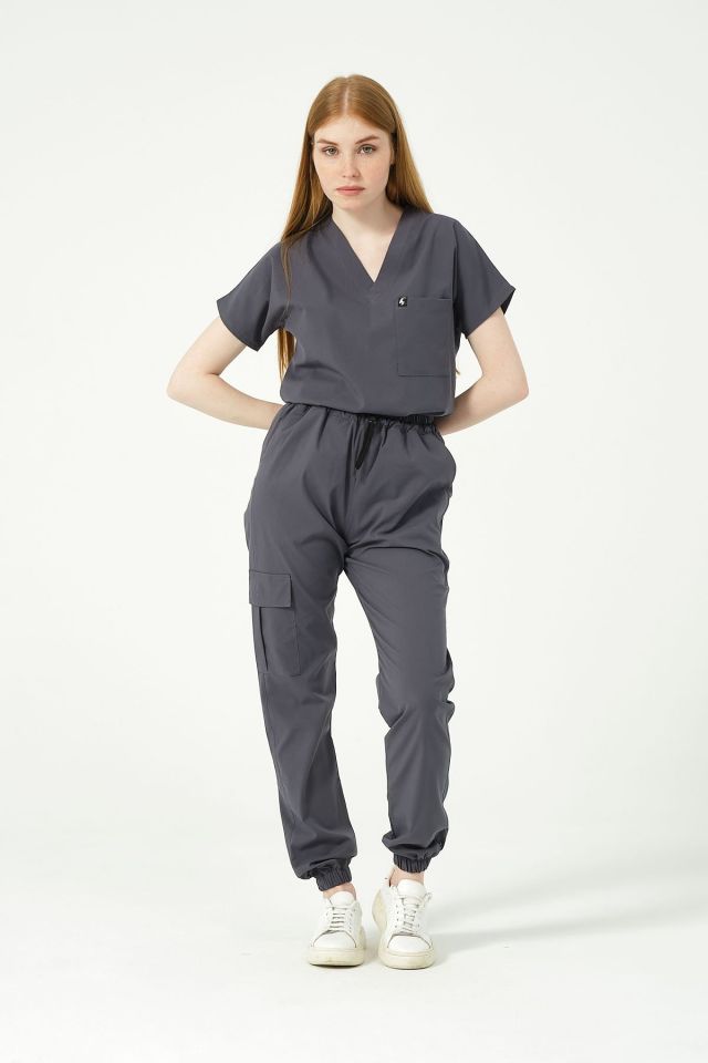 Füme Likralı Kargo Cep Jogger Paça Doktor Hemşire Forması Tek Alt Unisex