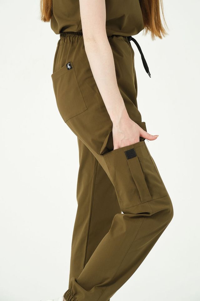 Haki Likralı Kargo Cep Jogger Paça Doktor Hemşire Forması Tek Alt Unisex