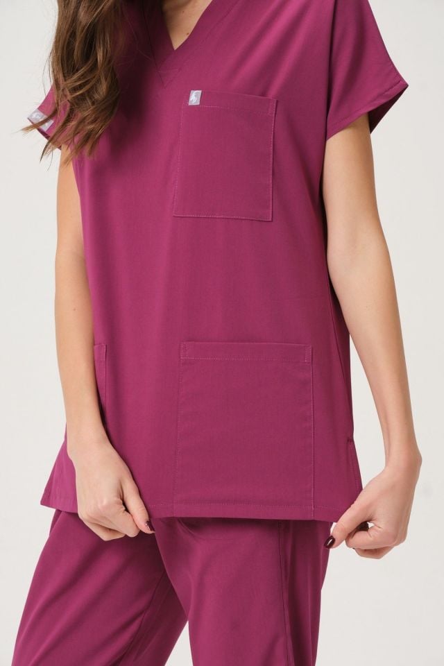 Vişne Likralı Scrubs Doktor Hemşire Forması Yarasa Kol Takım Unisex S