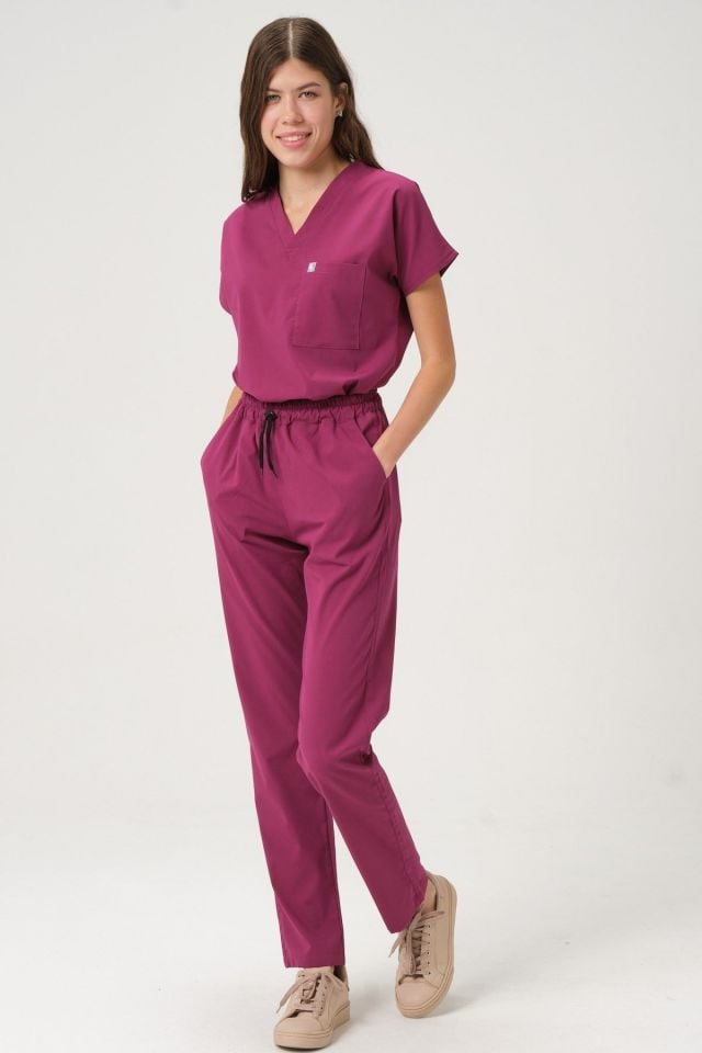 Vişne Likralı Scrubs Doktor Hemşire Forması Yarasa Kol Takım Unisex S